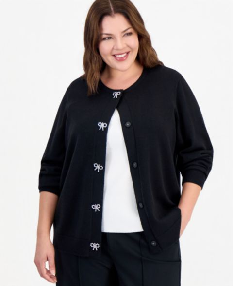Женский кардиган Anne Klein Essentials Plus Size Embellished Crewneck Long-Sleeve, цвет: Чёрный