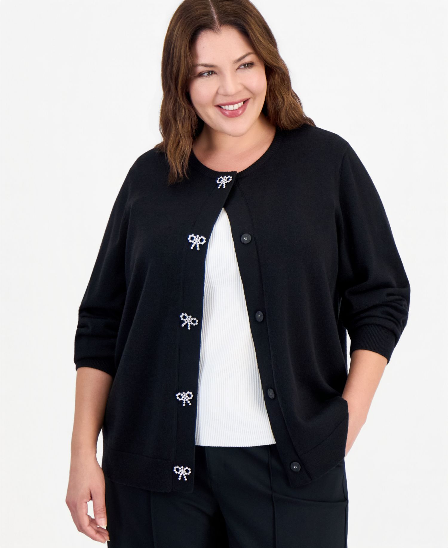 Plus Size Embellished Crewneck Long-Sleeve Cardigan