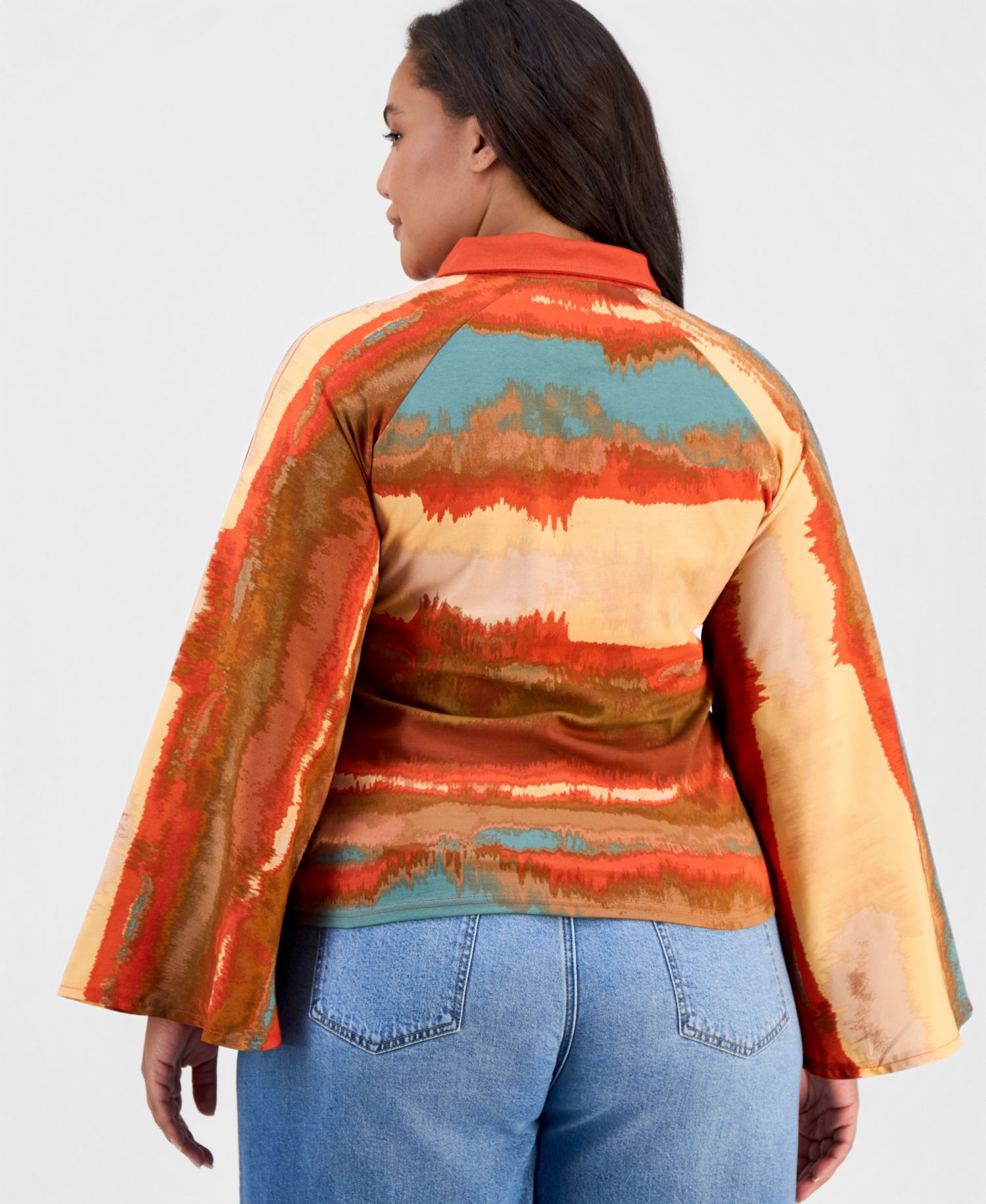 Plus Size Long-Flare-Sleeve Knit-to-Woven Polo Shirt