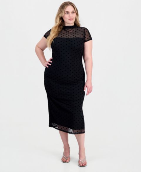 Женское платье FULL CIRCLE TRENDS Plus Size Polka-Dot Ruched Mock-Neck Short-Sleeve Midi, цвет: Чёрный