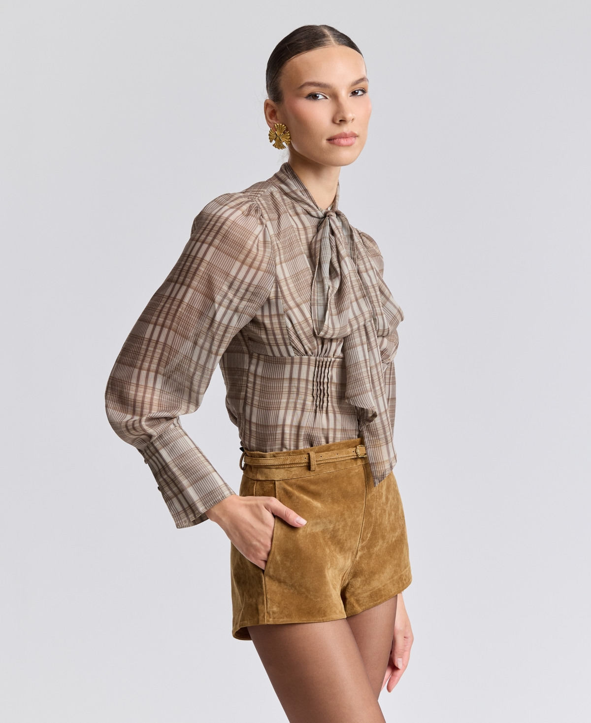 Avec Les Filles Long Puff-Sleeve Scarf Neck Top