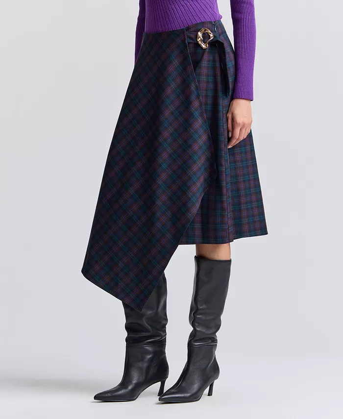 Women's Plaid Asymmetrical Wrap Midi Skirt - thumbnail 3