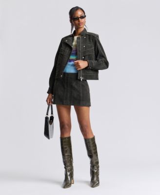 Women's Asymmetrical Bomber Zip-Front Faux Suede Jacket and Corset Seamed Mini Skirt