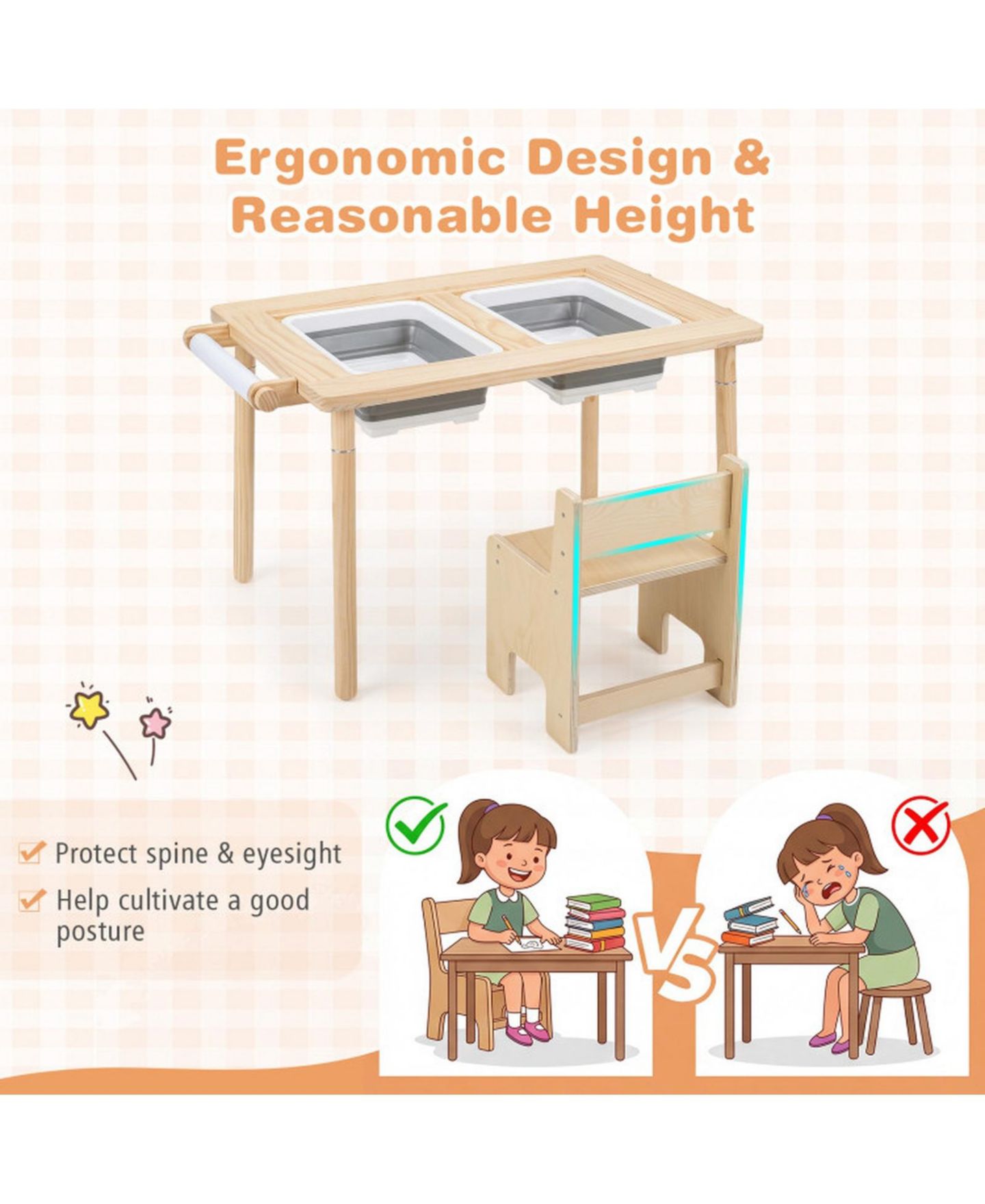 Детская игрушка HONGGE 6-In-1 Kids Sensory Table With Adjustable-Height Legs, Ages 3+, цвет: Сосновый — фото 7
