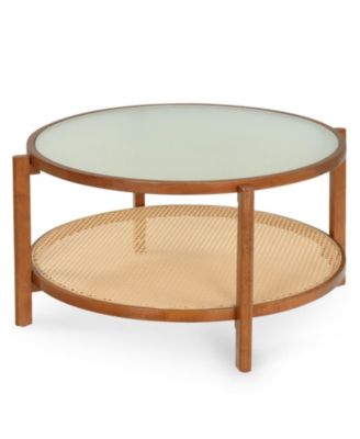 2-Tier Rattan Coffee Table with Frosted Tempered Glass Top and Wood Legs