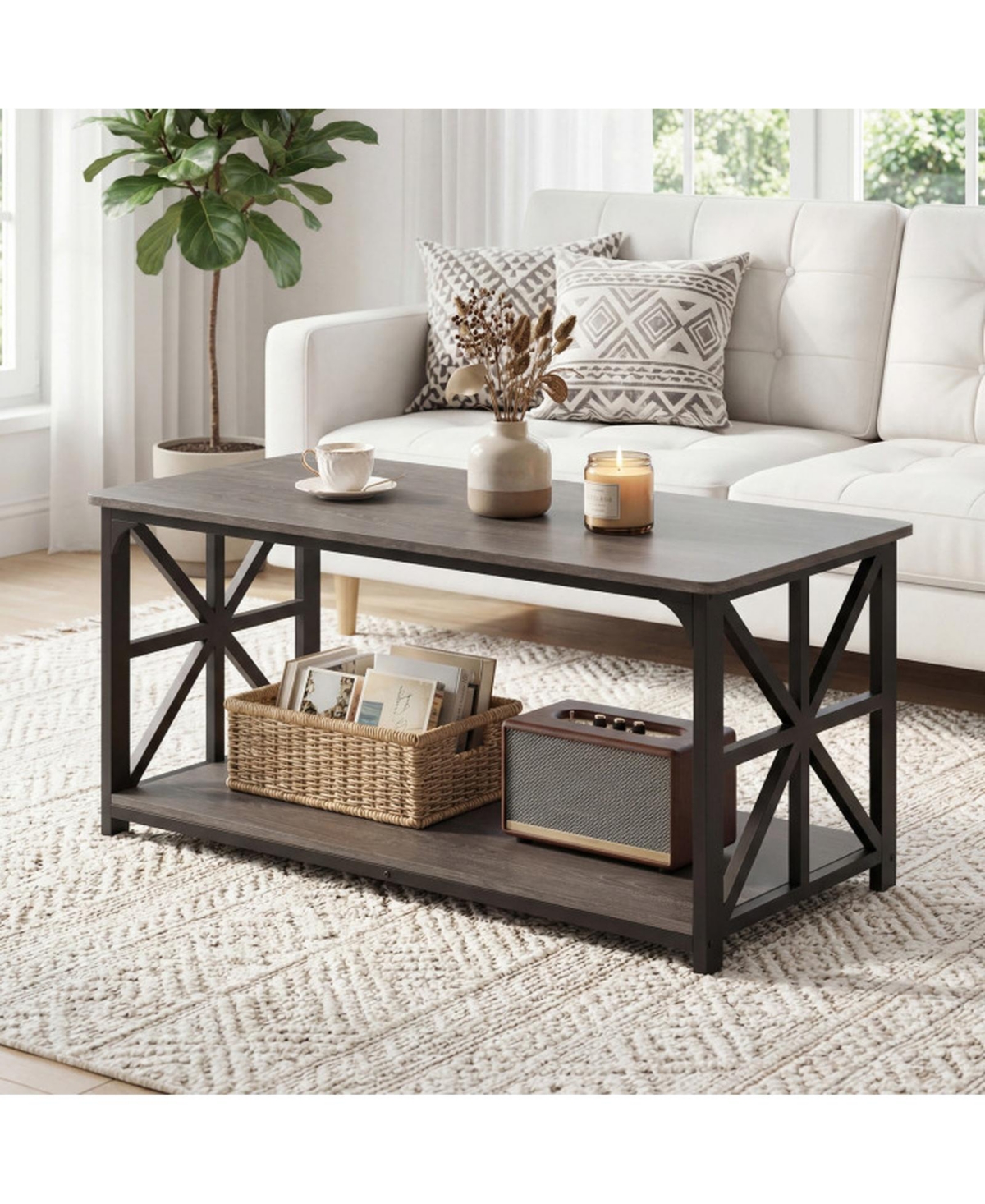 Sugift 2-Tier Center Table with Storage Shelf and X Frame