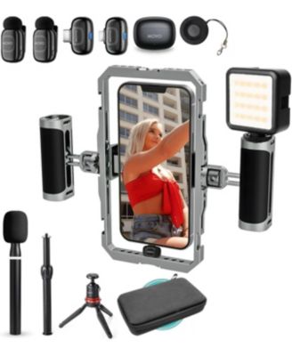 iFilmer-PRO Smartphone Rig with Dual Grip Cage, Wireless Lavalier Mics, and Tripod for iPhone and Android