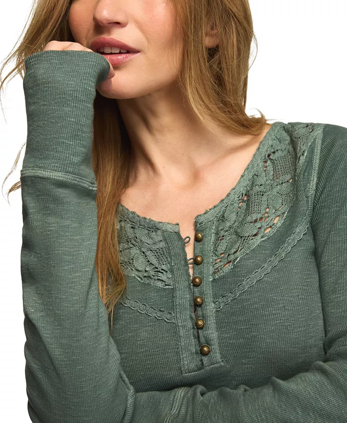 Women's Lace Yoke Long-Sleeve Henley - thumbnail 10