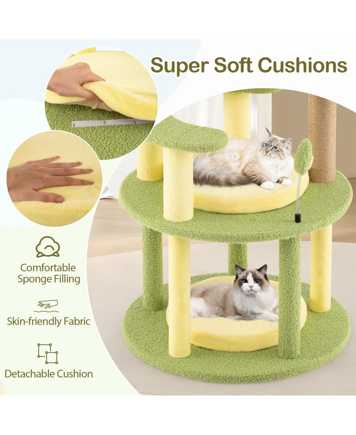 Sugift Multi-level Avocado Theme Cat Tree Tower with Wide Perch and Rotatable Basket