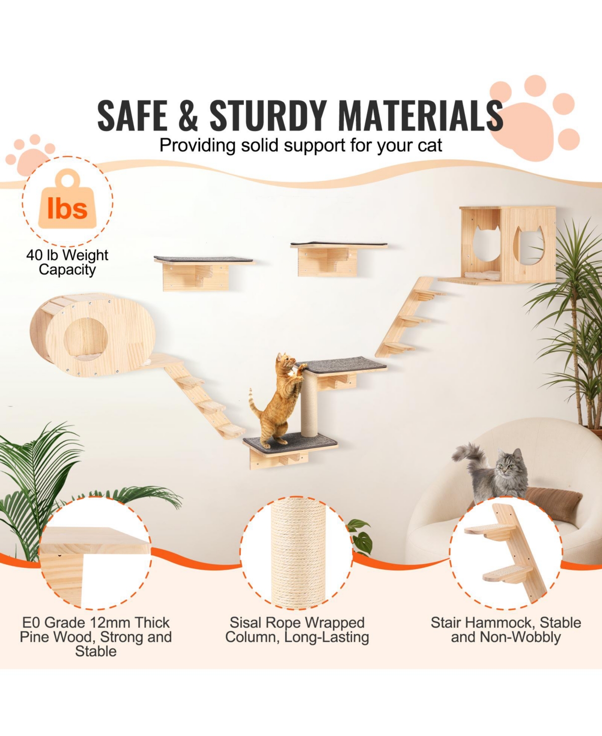 Hongge Seven Piece Wall Mounted Cat Shelf Set with Hammocks