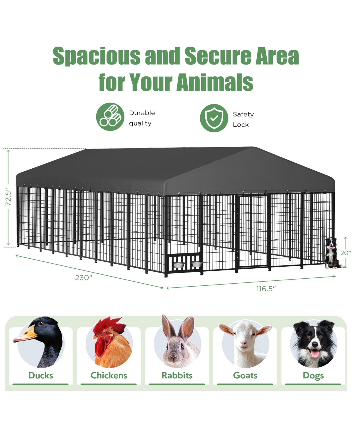 Aecojoy 10x20 Ft Outdoor Dog Kennel Extra Large Run with Roof Rust Resistant Steel Tube