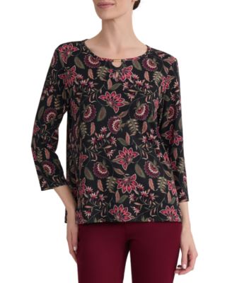 Women's Floral-Print Keyhole Neck 3/4-Sleeve Top
