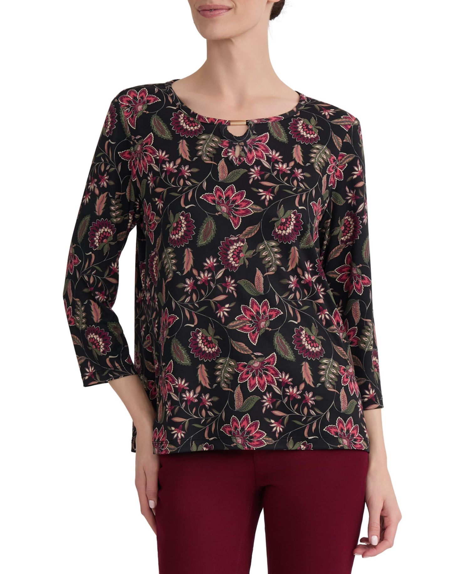 Women's Floral-Print Keyhole Neck 3/4-Sleeve Top