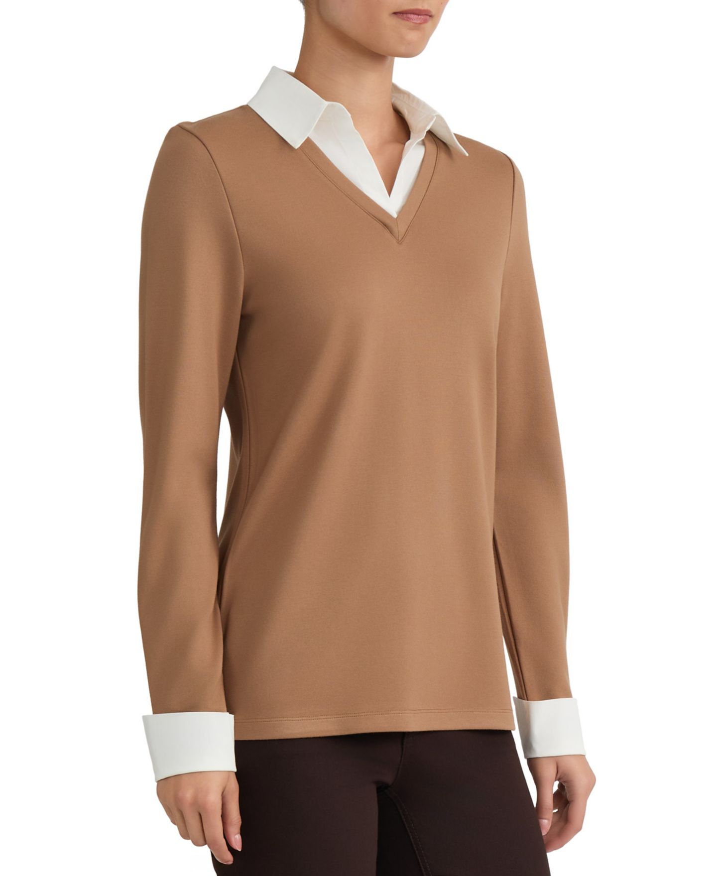 Женский свитер Jones New York Collared Long-Sleeve Poplin Combo Trim, цвет: Карамельный / Натуральный белый — фото 2