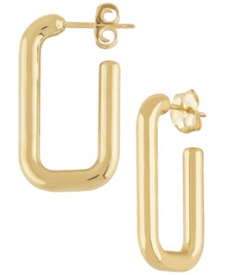 Sculptured Small Rounded Rectangle J Hoop Earrings in 14k Yellow Gold