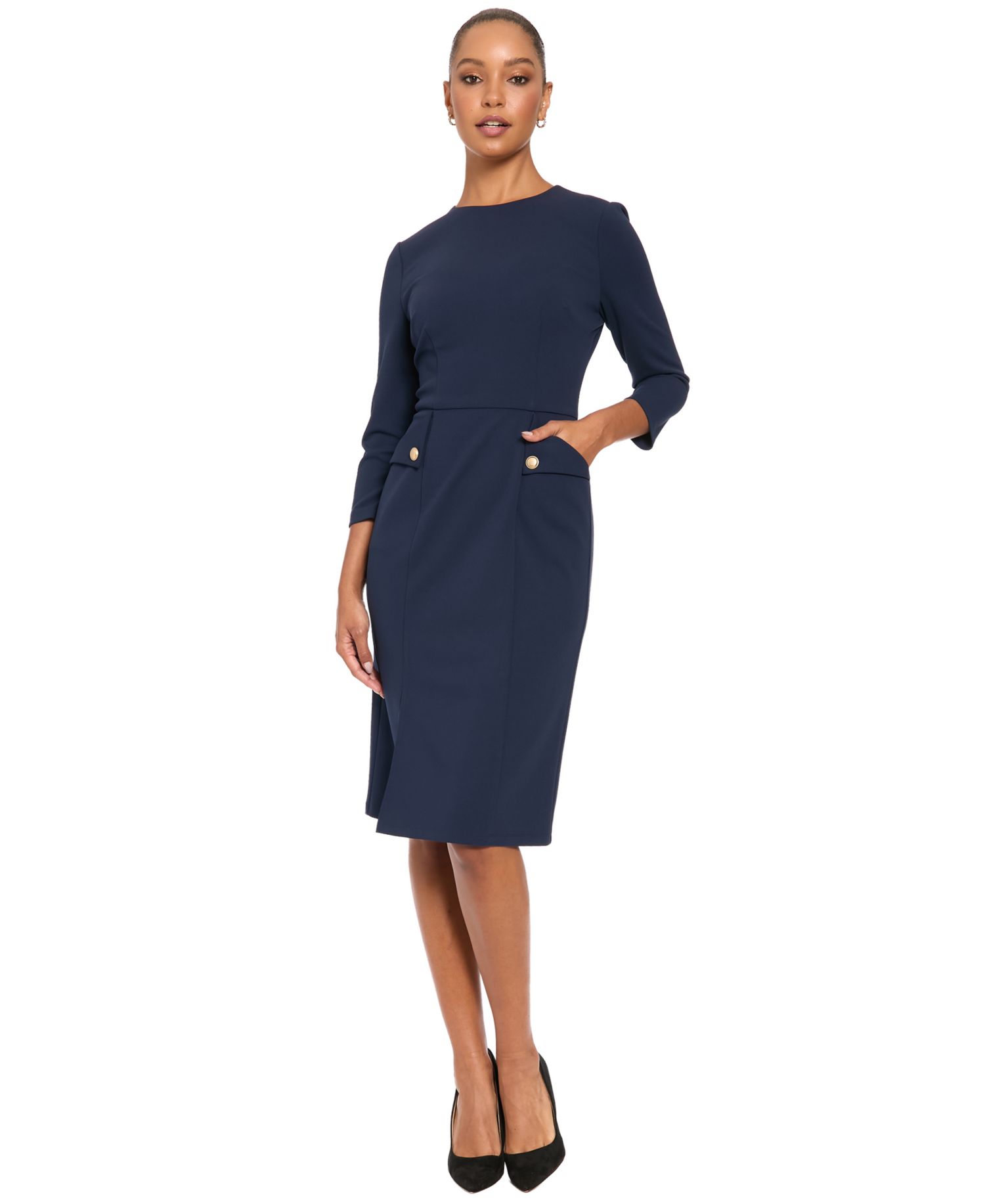 Petite Sheath Midi 3/4 Sleeve Dress