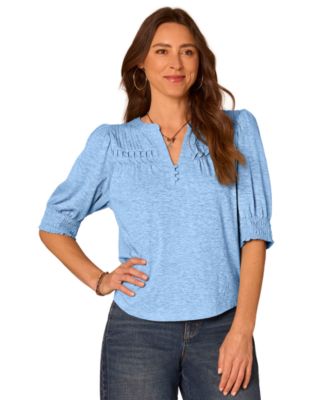 Petite Mandarin Collar Blouson-Sleeve Knit Top