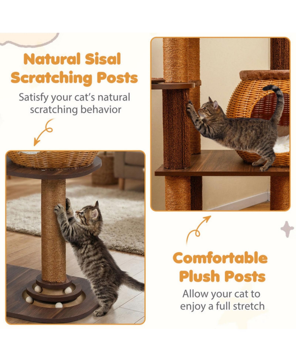 Sugift 59.5 in Multi-Level Cat Tree Tower with Pe Rattan Cat Condo Top Perch and Scratching Posts