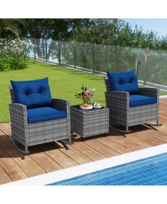 3 Piece Patio Rattan Roker Chairs with Tempered Glass Table and Soft Cushions
