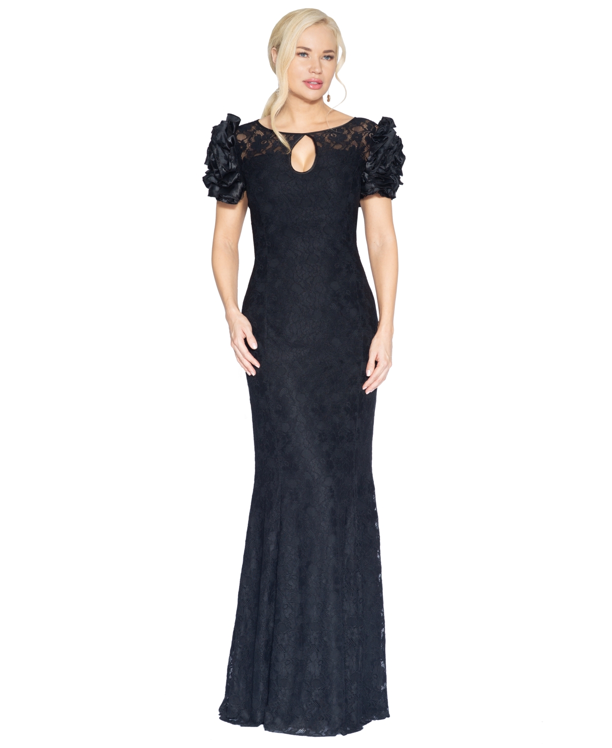 White Tie by Shani Women's Satin Floral-Sleeve Keyhole Lace Gown, Macy's Exclusive - Black