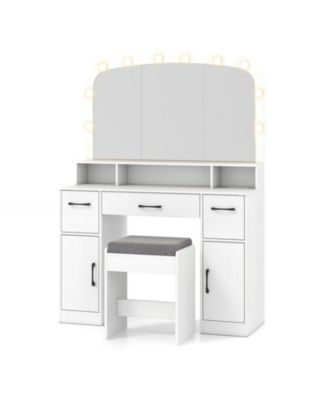 Vanity Makeup Table With Stool 3-Color Lights and Charging Station