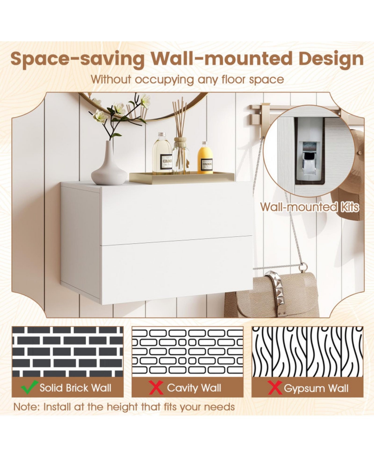 Sugift Wall Mounted Floating Nightstand with 2 Storage Drawers for Bedroom