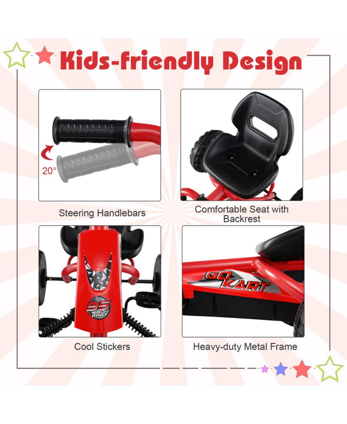 Детская игрушка SUGIFT Kids 4-Wheel Go Kart with Adjustable Seat and Steering Handlebars, Supports up to 66 lbs, Ages 3+, цвет: Красный — фото 4