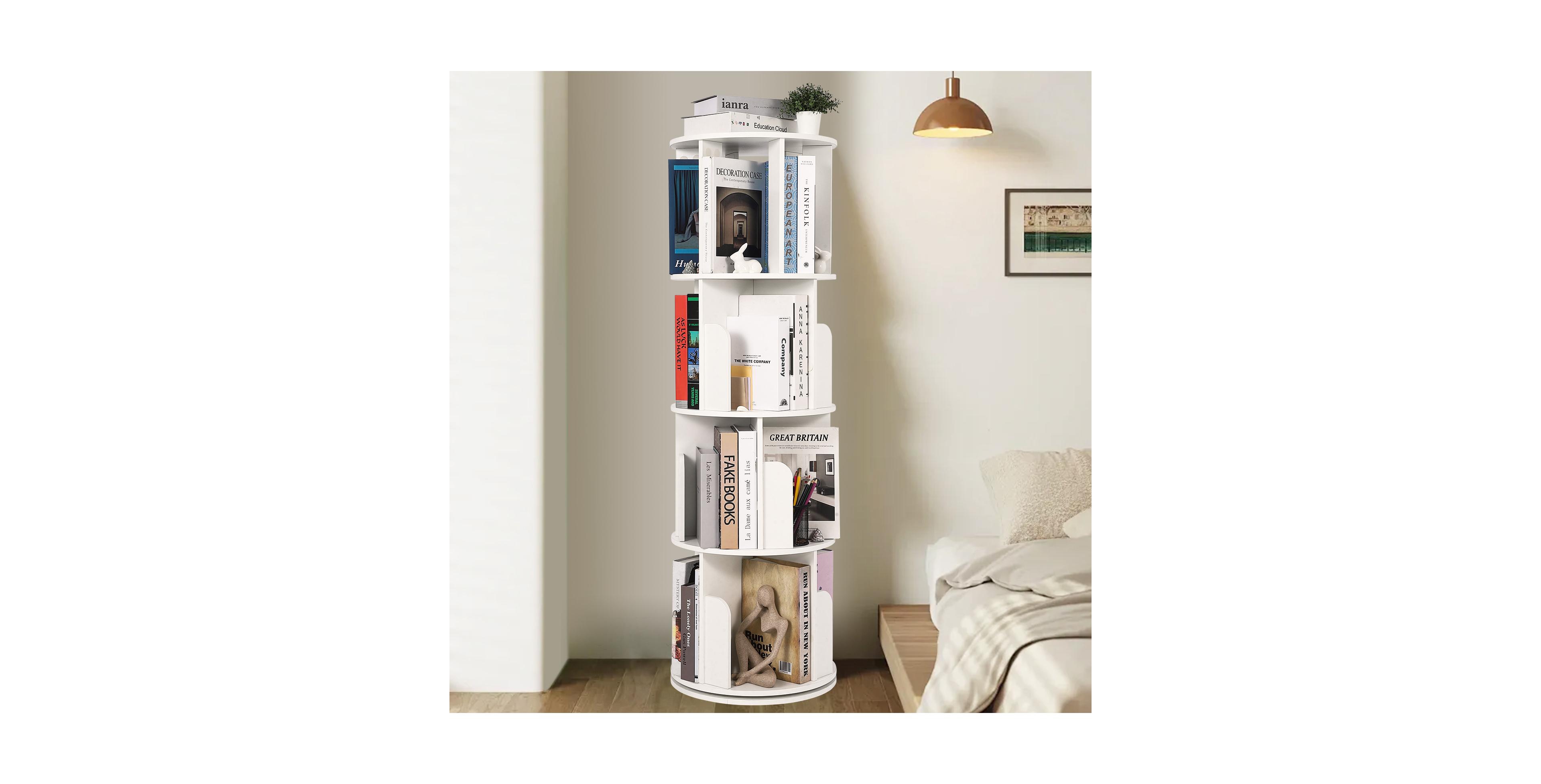 homfan 52 Inch 4-Tier 360degree(s) Rotating Wood Corner Bookshelf, Space-Saving Spinning Bookcase for Bedroom, Living Room and Kids