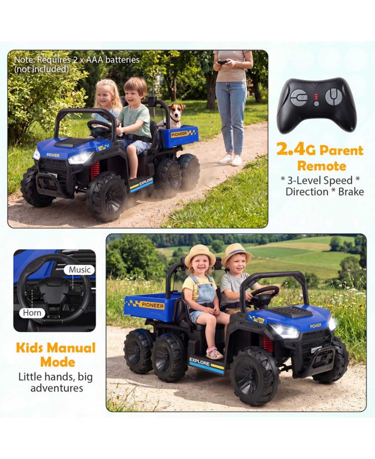 Sugift 24V 2-Seater Kids Ride On Dump Truck 4WD With Electric Dump Bed And Lights