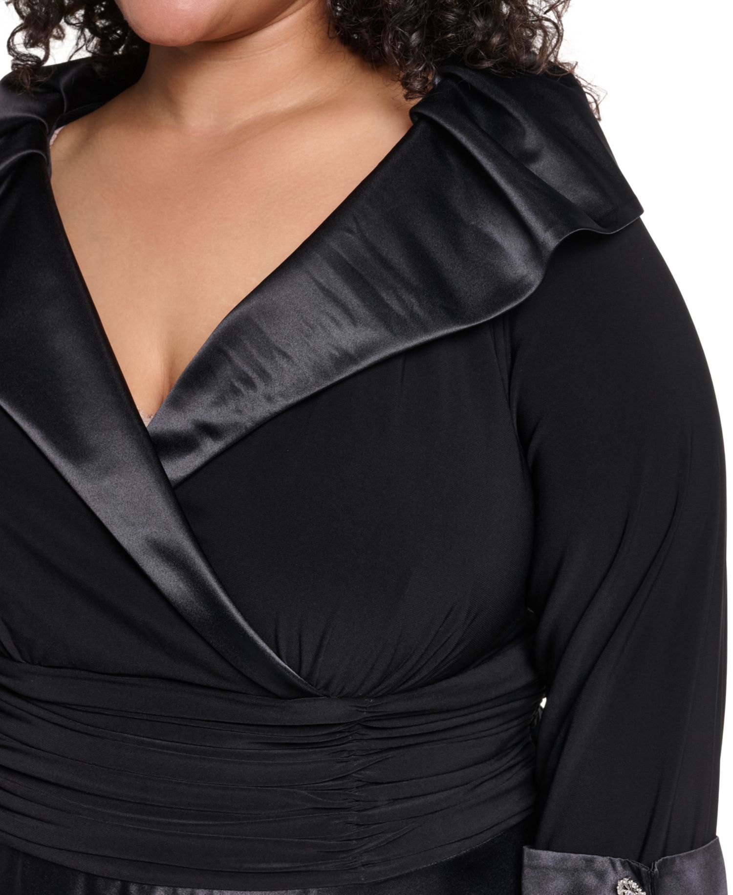 Plus Size V-Neck 3/4 Rhinestone Cuff Satin Dress
