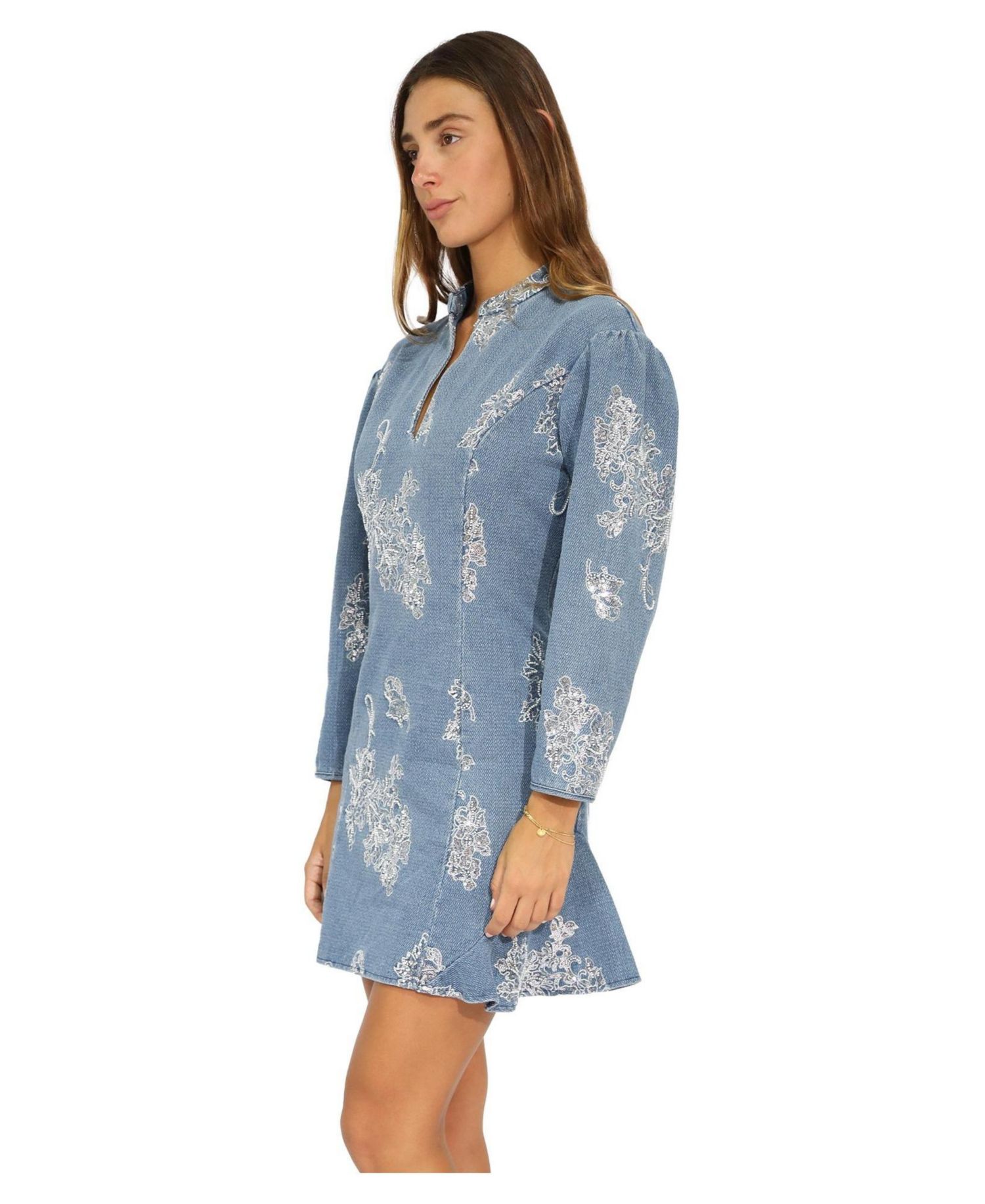 Women's Heart You Long-Sleeve Beaded Floral-Print Mini Dress