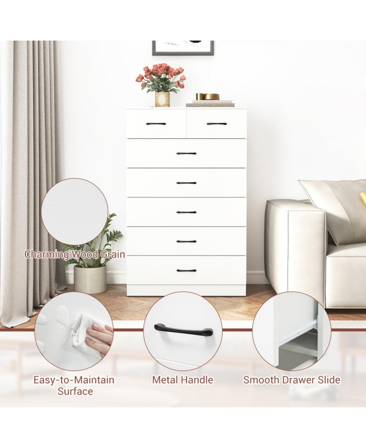 Sugift 7-Drawer Tall Dresser with Metal Handles and 2 Anti-Tipping Kits