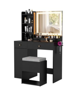 Vanity Dressing Table and Chair Set with Mirror and 3-Color Adjustable Lights