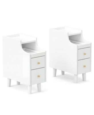 Set of 2 Solid Wood Night Side Tables with Pull-out Tray and 2 Storage Drawers