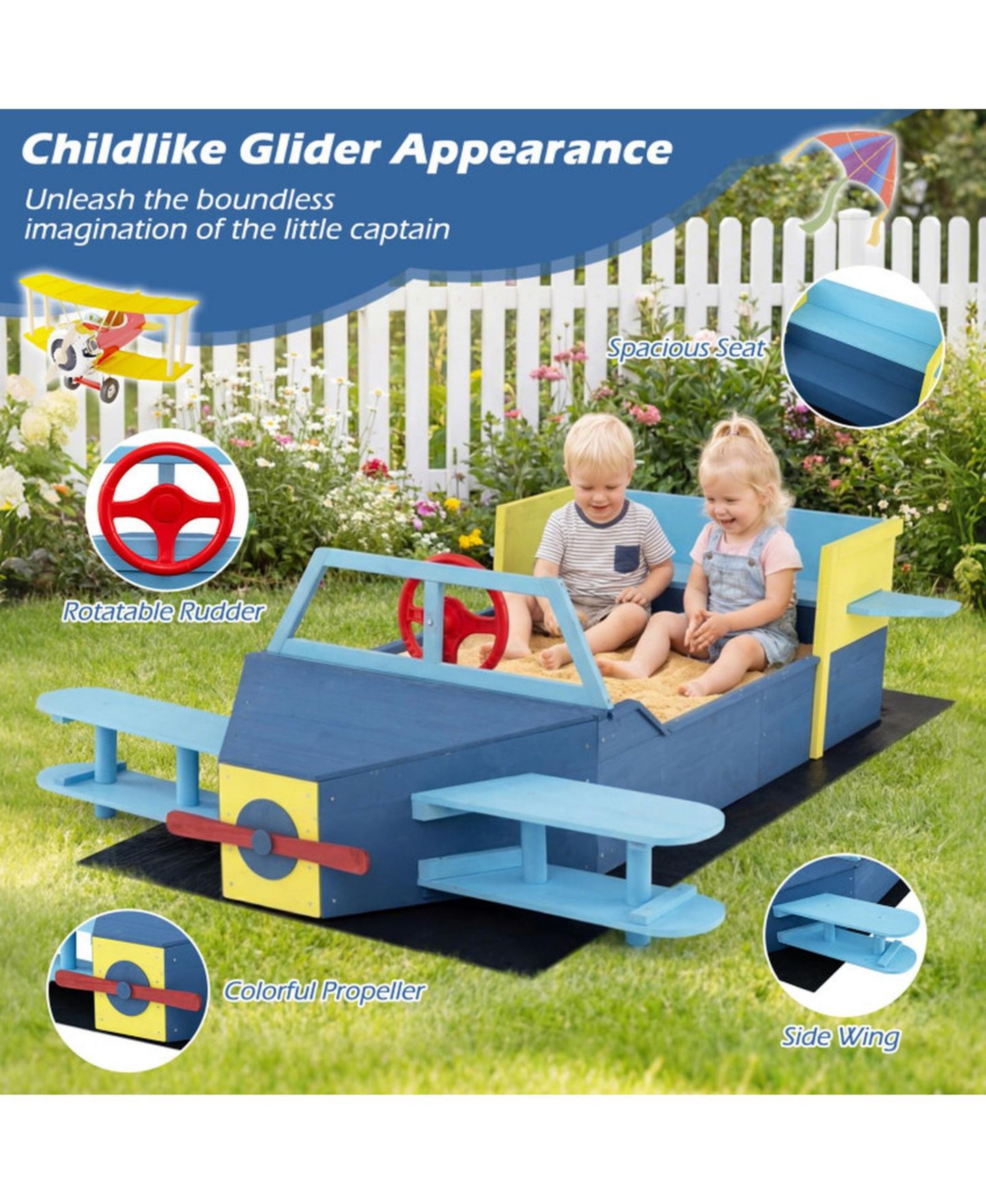 Детская игрушка SUGIFT Large Glider-Inspired Wooden Sandbox with Bench Seat, Ages 3-8, цвет: Синий — фото 8