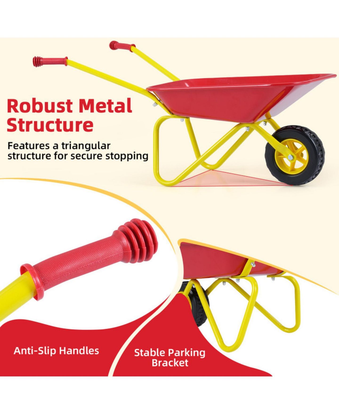 Детская игрушка HONGGE Kids Metal Wheelbarrow with All-Terrain Wheels and Anti-Slip Handles, Ages 3+, цвет: Красный — фото 5