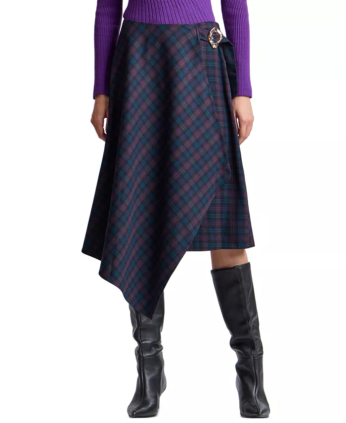 Women's Plaid Asymmetrical Wrap Midi Skirt