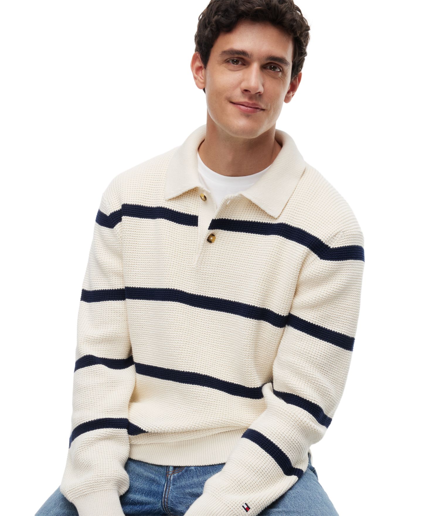 Мужской свитер Tommy Hilfiger Waffle Structure Rugby Sweater, цвет: Слоновая кость / Карбоновый тёмно-синий — фото 2