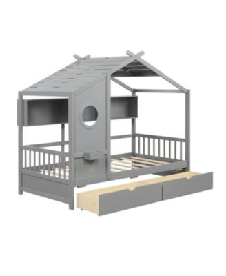 Twin Size Wooden House Bed with 2 Storage Drawers and Fence Guardrails