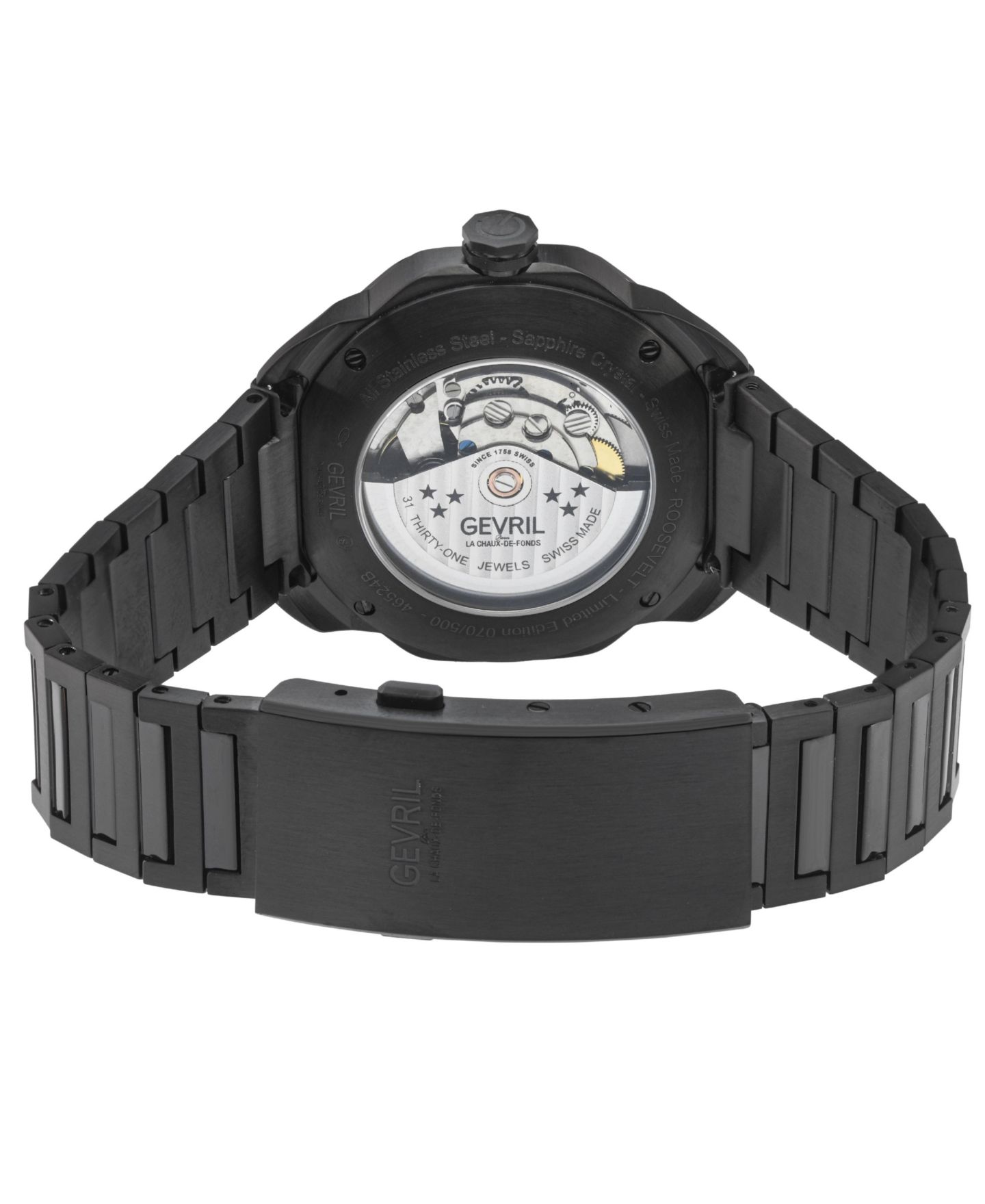 Мужские часы Gevril Swiss Made Roosevelt Swiss Automatic на чёрном стальном браслете IP — фото 3