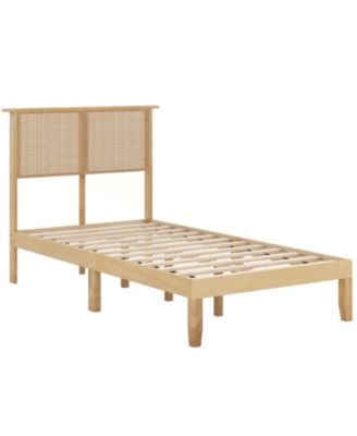 Twin Size Platform Bed Frame with Woven Rattan Headboard and Wood Slats