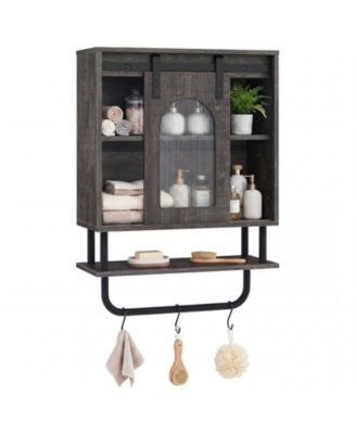 Bathroom Wall Cabinet with Sliding Barn Door Metal Hanging Bar 3 Hooks for Kitchen