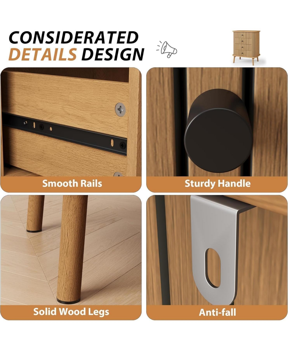 homfan Boho Nightstands, Wooden Construction with Matte Handles and Wood Feet, Water-Resistant Surface for Bedroom, Hallway and Kitchen