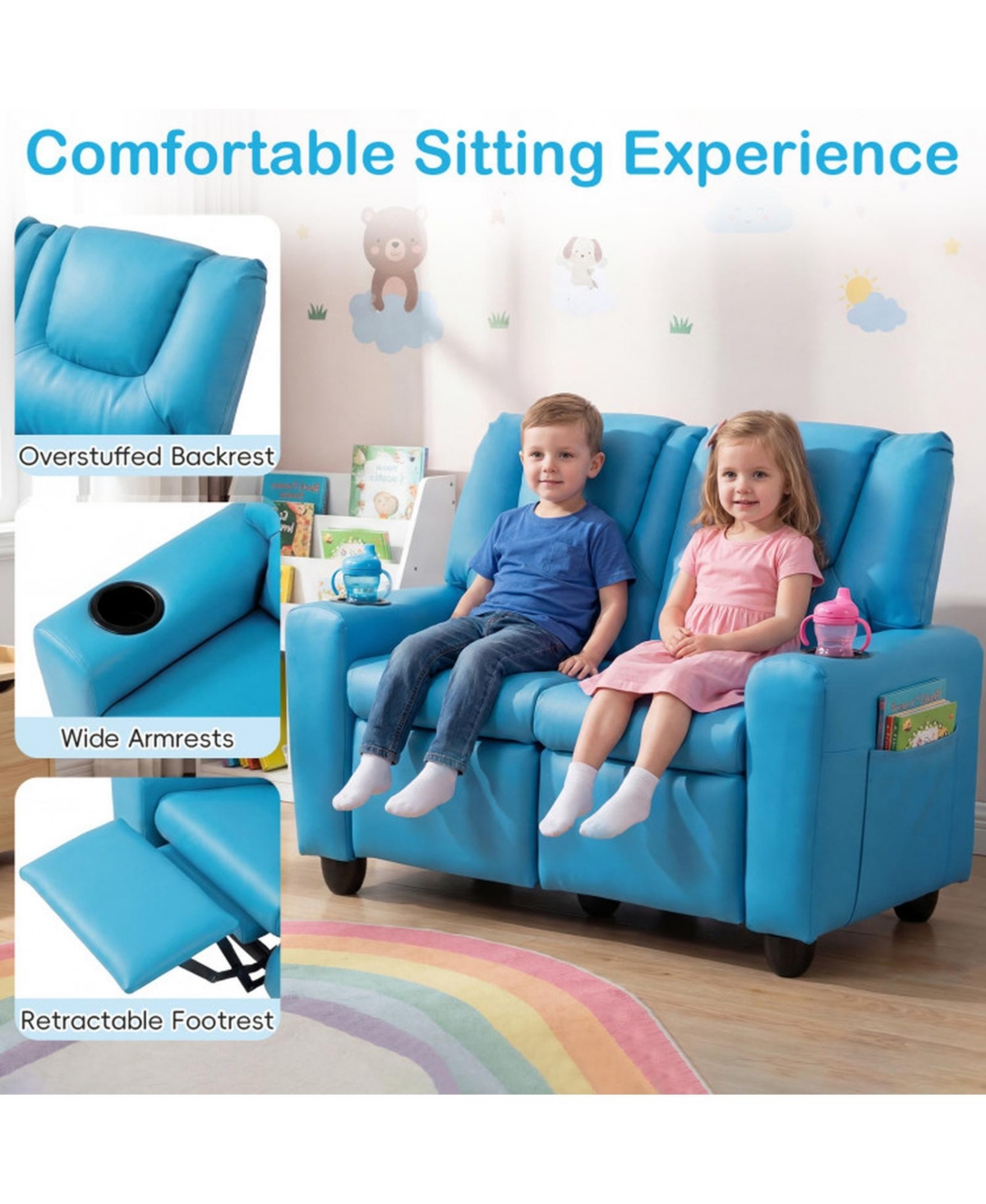 Sugift Kids 2-Seater Reclining Sofa with 2 Cup Holders and Pu Leather Cover