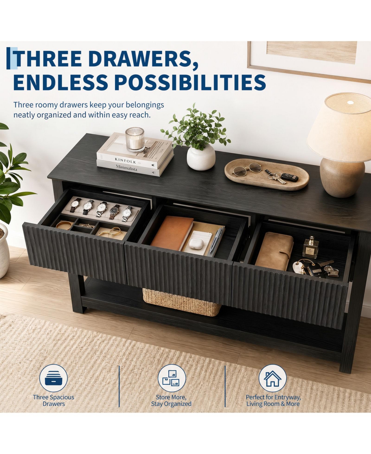 gaomon Fluted Wave Console Table Slim Entryway Sofa with 3 Drawers and Storage Shelf, Modern Narrow Hallway Side Table, for Foyer Living Room