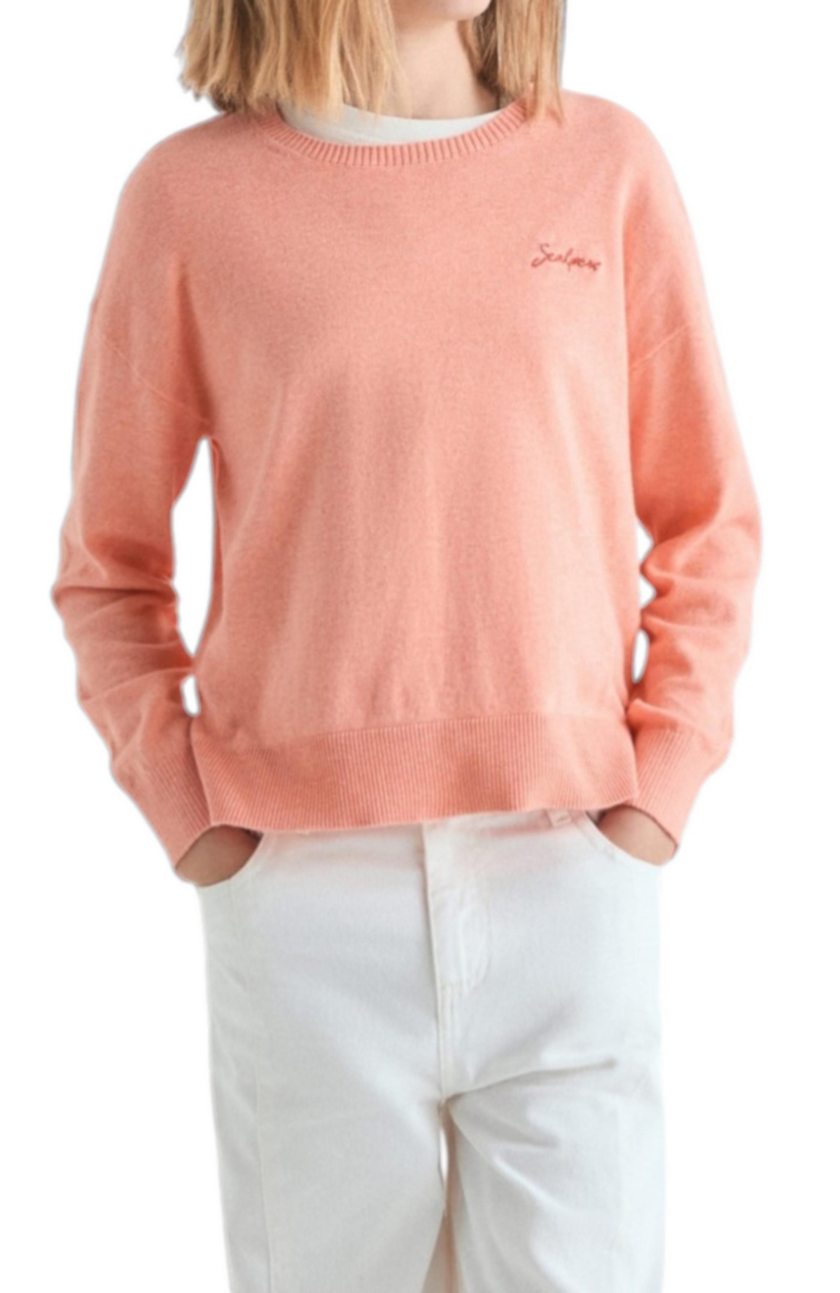 Scalpers Women's Crew Neck Long Sleeve Cotton Sweater - Coral