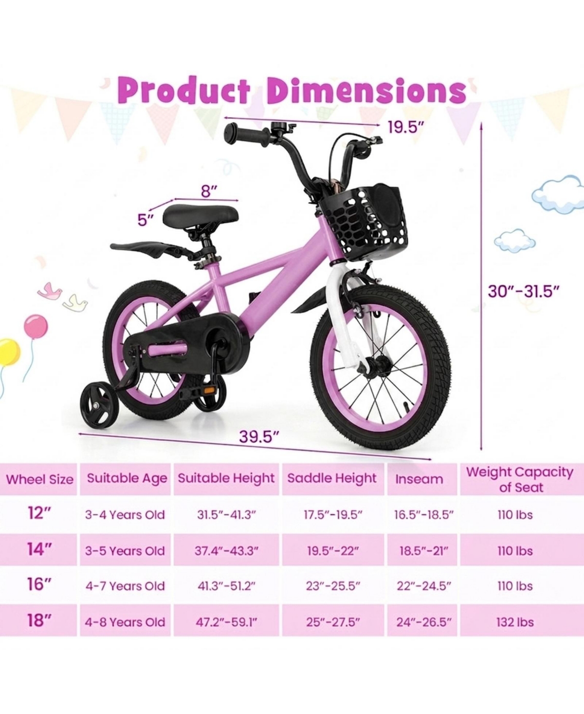 Sugift 14" Adjustable Kids' Bike with Removable Training Wheels, Ages 3-8