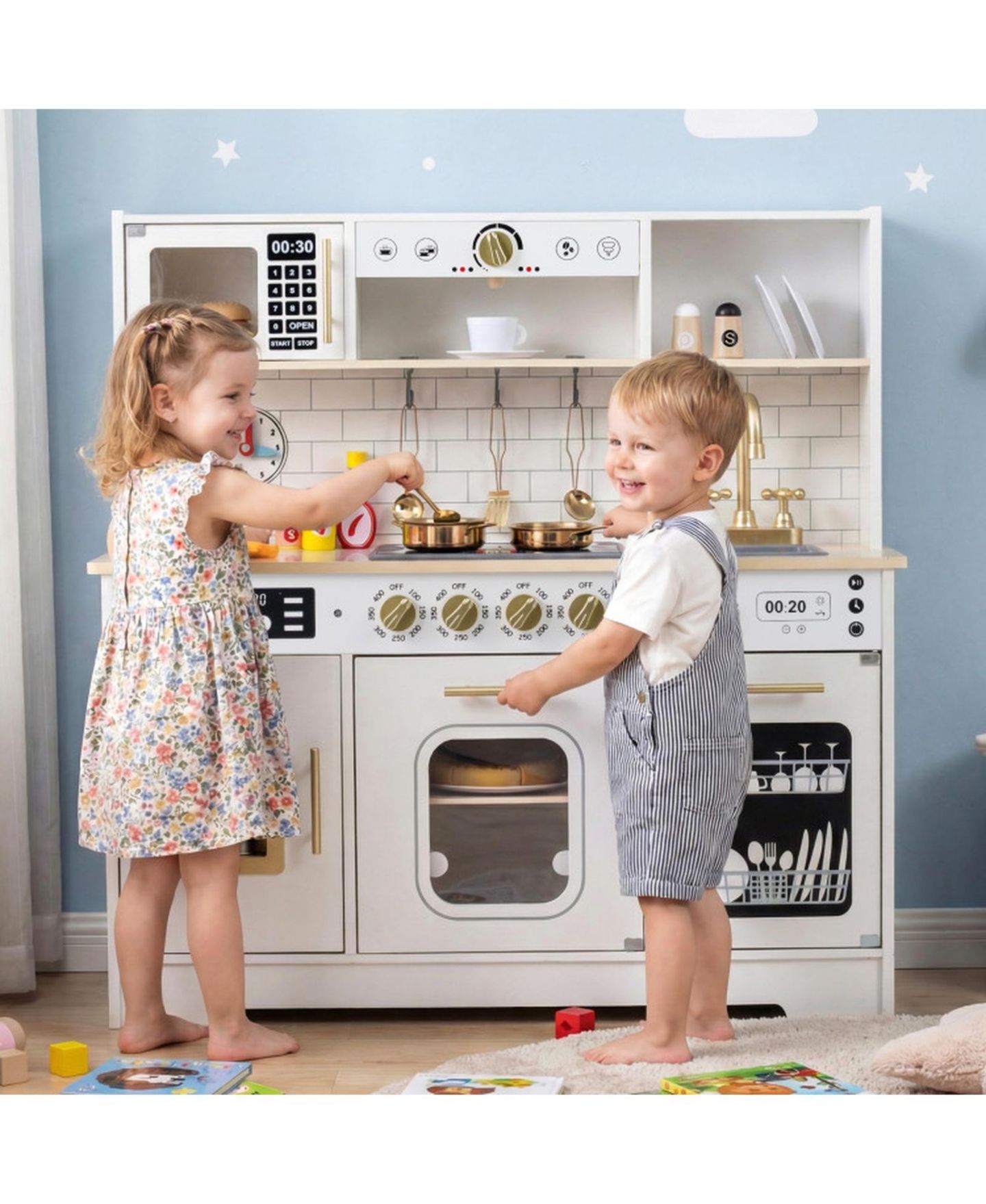 Детские игрушки SUGIFT Lights and Sounds Wooden 14-Piece Play Kitchen, Ages 3+, цвет: Белый — фото 2