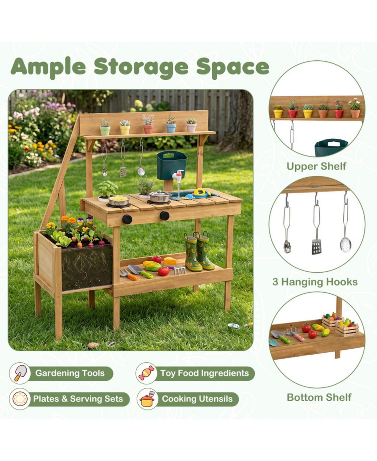 Sugift Wooden Raised Planter Box Mud Play Kitchen with 2 Flowerpots, Ages 3+