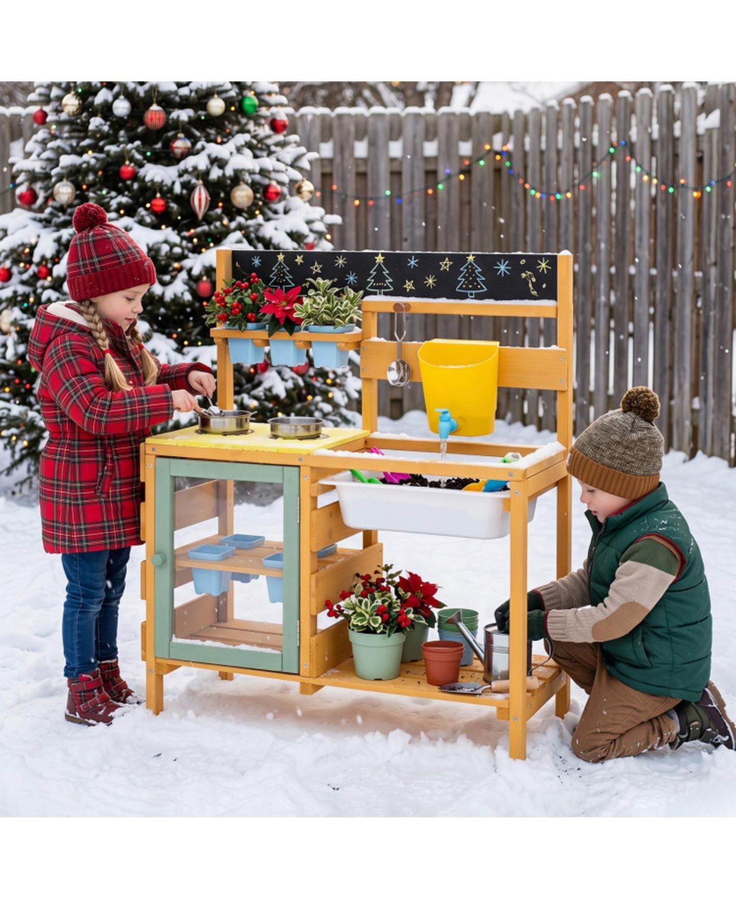 Детские игрушки SUGIFT Wooden 13-Piece Mud Kitchen with Water Tank, Faucet, and 2 Stoves, Ages 3+, цвет: Жёлтый — фото 11